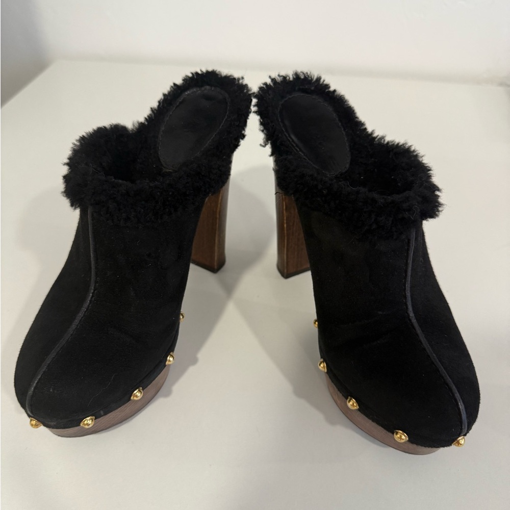 Gucci black suede high heel mules with shearling lining EUC - Picture 3 of 14